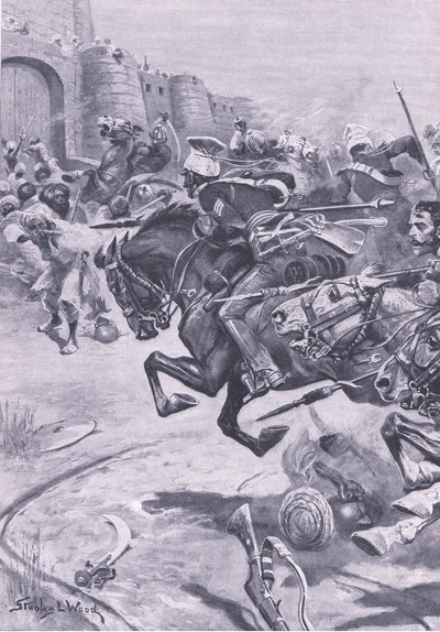 A 16. Lancers and Skinners Horse, aki a dzsátokat Bharatpurba hajtja; 1825. december, illusztráció a brit szárazföldi és tengeri csatákból, 1915 alkotó: Stanley L. Wood