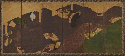 Borostyán szőlő, hidak és lebegő legyezők, Momoyama vagy Edo időszak, 17. század eleje. alkotó: Sôtatsu