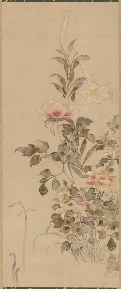 Pünkösdi rózsa és liliomok, Momoyama vagy Edo korszak, 1568-1615. alkotó: Sôtatsu