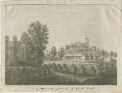 Shenstone templom és falu: akvatinta metszet, 1792 alkotó: Stebbing Shaw