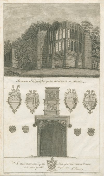 Tixall Hall - Gótikus ablak és heraldikai régiségek: metszet, nd [1762-1802] (nyomtatás) alkotó: Stebbing Shaw