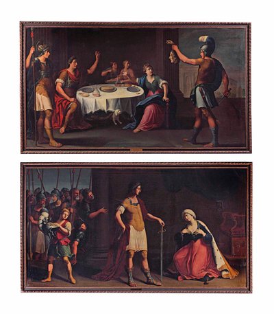 Pompeius feje átadva Caesarnak; és Octavius Augustus Caesar, aki kegyelmet mutat Kleopátrának (olaj, vászon) alkotó: Stefano (attr.) Tofanelli
