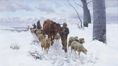 Visszatérés a piacról hóesés után, 1877 előtt (olaj, vászon) alkotó: Stefano Bruzzi