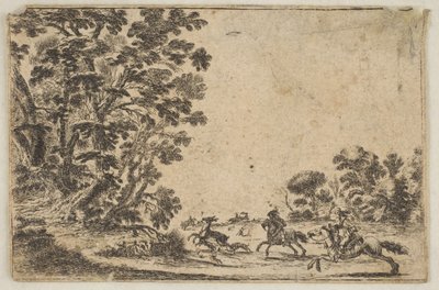 4. tábla: szarvasvadászat, két lovas vágtat a jobb mögött három kutya és ..., 1642 után. Alkotók: Stefano della Bella, Ismeretlen. alkotó: Stefano della Bella
