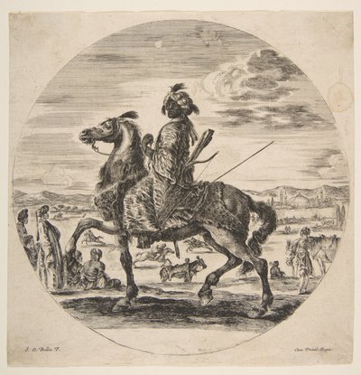 Egy mór lovas balra fordulva, állva és törököket ültetett a középpályán, egy..., kb. 1651. alkotó: Stefano della Bella