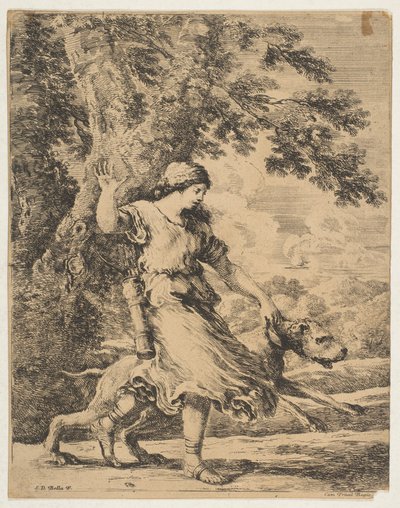 Egy nimfa egy nagy kutyát a nyakörvénél tartva, kb. 1654. alkotó: Stefano della Bella