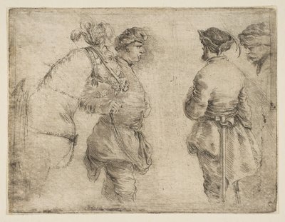 Egy rúd, aki kantárnál vezeti a lovat, és két másik férfival beszél, kb. 1662. alkotó: Stefano della Bella