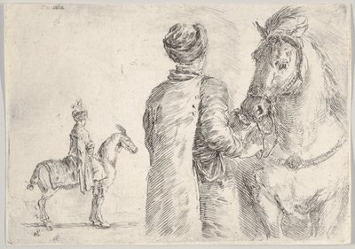 Egy lengyel inas, hátulról nézve, jobbra tartja a ló kantárját, egy lengyel hor..., kb. 1662. alkotó: Stefano della Bella