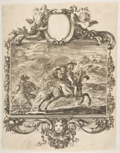 Egy lovas és egy lovas hölgy, gyümölcsökkel díszített díszes szegélyen belül, kb. 1655. alkotó: Stefano della Bella
