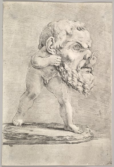 Egy nagy maszkot viselő gyermek a száján át dugja a kezét, kb. 1660. alkotó: Stefano della Bella