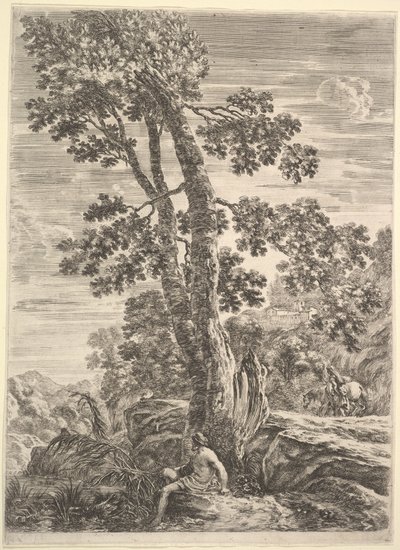 Egy halász középen balra fordulva egy nagy fának dőlve, egy nő sétál..., kb. 1652-57. alkotó: Stefano della Bella