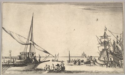 Balra a kikötőbe érkező gálya, közepén több evezős csónak, jobbra hajók a kikötőben, oda..., 1639. alkotó: Stefano della Bella