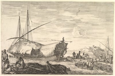 Balra vitorlákkal borított gálya, balra hat ágyú és négy ember az előtérben..., kb. 1652-57. alkotó: Stefano della Bella