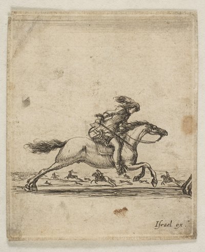 Egy lovas karddal a kezében vágtat jobbra, más lovasok vágtatnak..., kb. 1645-46. alkotó: Stefano della Bella