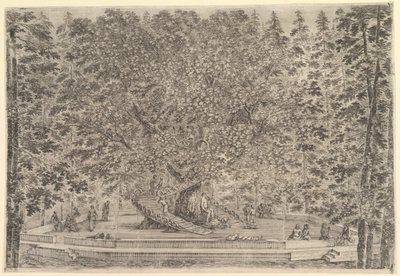 Középen egy nagy lakott fa, a törzs körül rámpák vezetnek, alatta egy kőpa..., kb. 1653. alkotó: Stefano della Bella