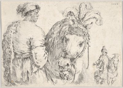 Egy férfi a bal oldalon, egy marék szénát ad egy lónak középen, egy lovas a t..., kb. 1662. alkotó: Stefano della Bella