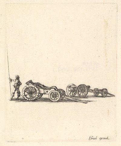 Egy aknavető és egy ágyú, mindkettő kocsira szerelve, egy katona hátulról látható..., kb. 1638-43. alkotó: Stefano della Bella