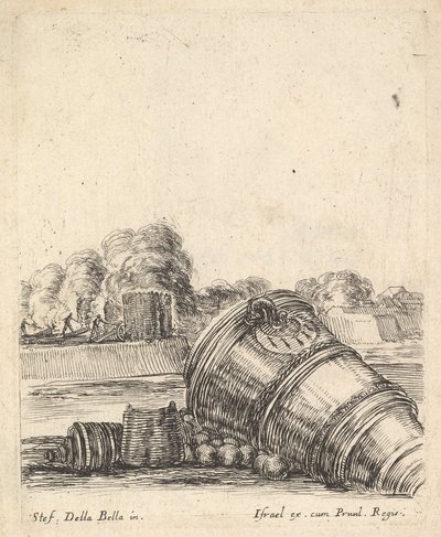 Jobbra egy kocsi nélküli aknavető a földön hever, katonák lövöldöznek ágyúval..., kb. 1638-43. alkotó: Stefano della Bella