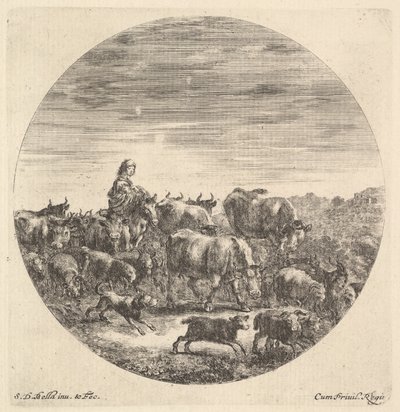 Egy lovon ülő parasztasszony balra, jobbra fordulva, körülötte egy csorda fc..., kb. 1643-48. alkotó: Stefano della Bella