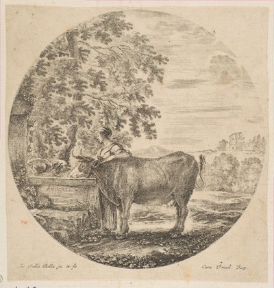 Parasztasszony tehénnel a Medici-karokkal díszített szökőkútnál, Six ani..., kb. 1646. alkotó: Stefano della Bella