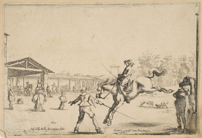 Egy lovasiskola, egy lovas kardos ugrással, akit egy másik férfi irányított karddal..., kb. 1645. alkotó: Stefano della Bella
