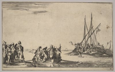 Középen egy férfiakkal teli evezőscsónak, balra egy csapat ember a parton, egy hajó tele ..., 1639. alkotó: Stefano della Bella