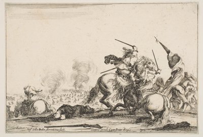 Csete, jobbra két lovas karddal harcol, zászlót vivő férfiak rohannak..., kb. 1645. alkotó: Stefano della Bella