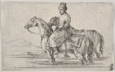 Egy inas, aki két lovat visz fürdeni, az egyik ló tetején ül a folyóban, a másik mellett... kb. 1662. alkotó: Stefano della Bella