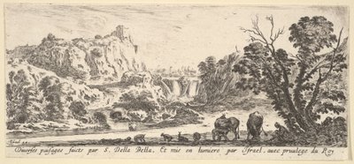 Háttérben a hegyekből alászálló vízesés, különféle állatok és..., kb. 1641. alkotó: Stefano della Bella