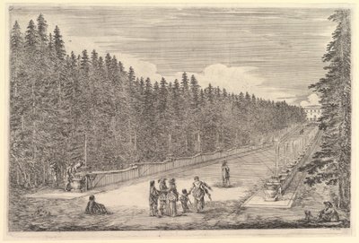 Egy szökőkutak sikátora, egy embercsoport a közepén, egy férfi és egy kutya ül jobbra, két..., kb. 1653. alkotó: Stefano della Bella