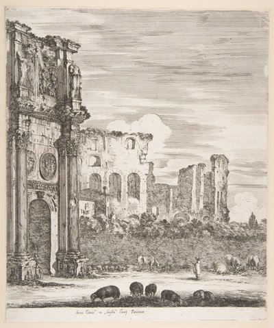 Konstantin és Colosseum boltíve az előtérben legelő juhokkal, hat nagy kilátásból..., 1656. alkotó: Stefano della Bella