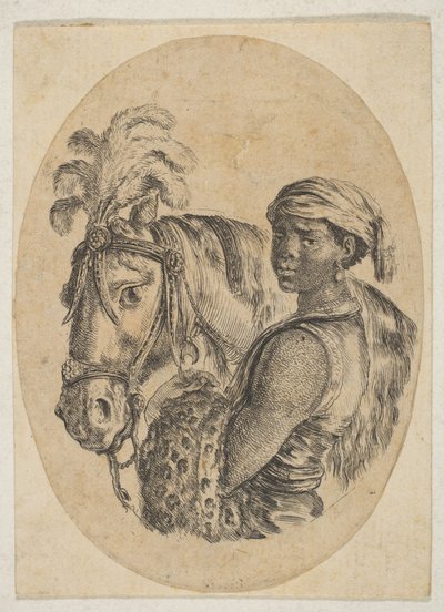 Fekete rabszolga leopárdbőrt cipel és ló kantárját tartja, Több fejből..., 1649-50. alkotó: Stefano della Bella