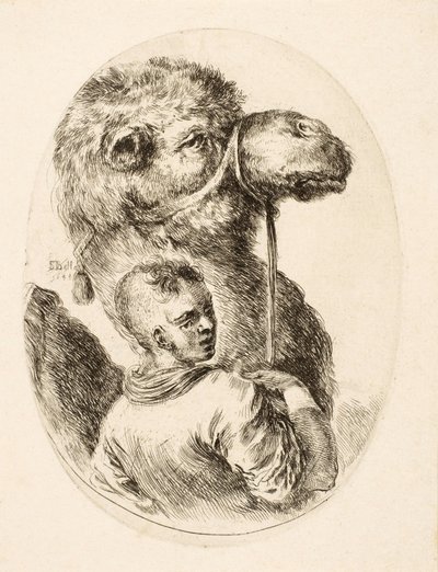 Fiú, aki egy tevét tart a kantárnál, a Many Heads Coiffées à la Persienne-ből, kocsmából. vs. 1650 (metszet) alkotó: Stefano della Bella