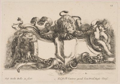 Oroszlánnal felülírt, oroszlán és gyermek által keretezett üres pajzsot tartalmazó karton, 1646. alkotó: Stefano della Bella