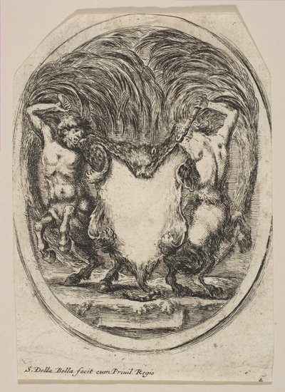 Két kentaur által körülvett tigrisbőr alkotta kartotus, 1647. alkotó: Stefano della Bella