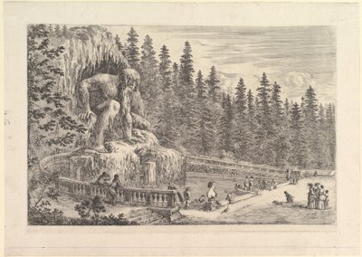 Az Appenino kolosszális szobra Giambolognánál balra, óriási gubacsként ábrázolva..., kb. 1653. alkotó: Stefano della Bella