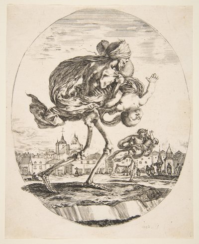 Csecsemőt hordozó halál, Az öt halálból Les cinq Morts, kb. 1648. alkotó: Stefano della Bella