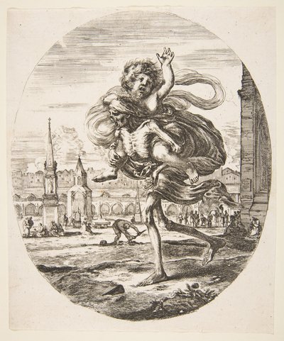 Gyermeket hordozó halál, Az öt halálesetből Les cinq Morts, kb. 1648. alkotó: Stefano della Bella