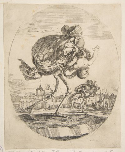 Csecsemőt hordozó halál, az Öt halálesetből Les cinq Morts, kb. 1648. alkotó: Stefano della Bella