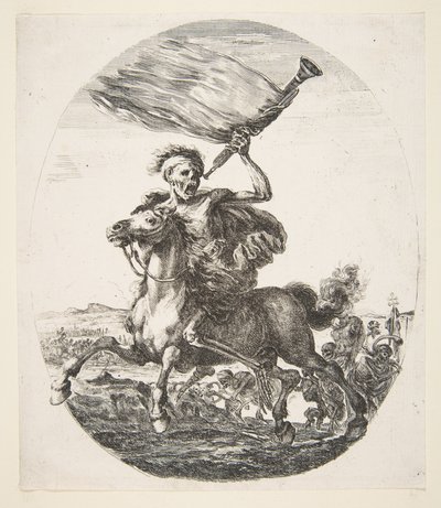 Halál lóháton trombitával, az Öt halálból Les cinq Morts, kb. 1648. alkotó: Stefano della Bella
