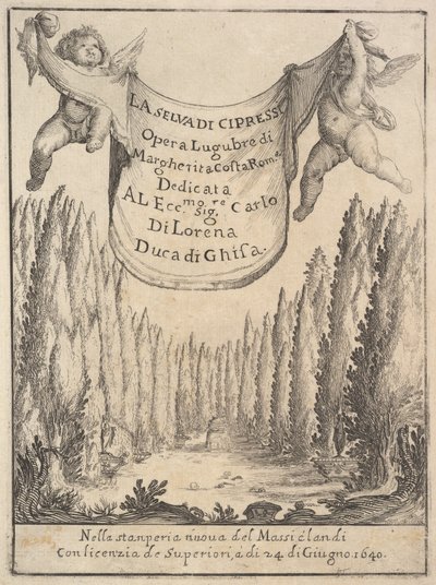 A cipruserdő La selva di cipressi homlokzata: két putti egy faliszőnyeget tart..., 1640. alkotó: Stefano della Bella