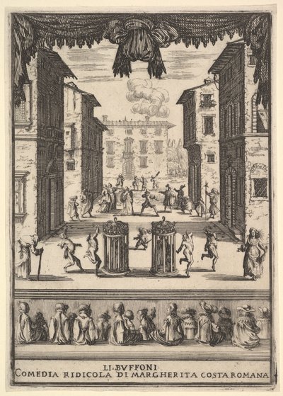 A The Buffoons Li Buffoni című vígjáték frontképe, pu...-ra emlékeztető díszlet, 1639-41. alkotó: Stefano della Bella