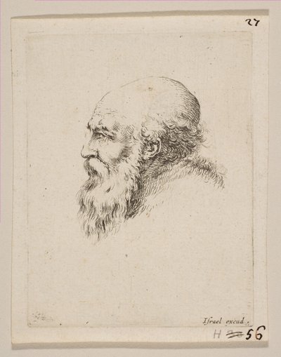 Egy kopasz és szakállas öregember feje profilban, a Különféle fejek és figurák változatból ..., 1650. alkotó: Stefano della Bella
