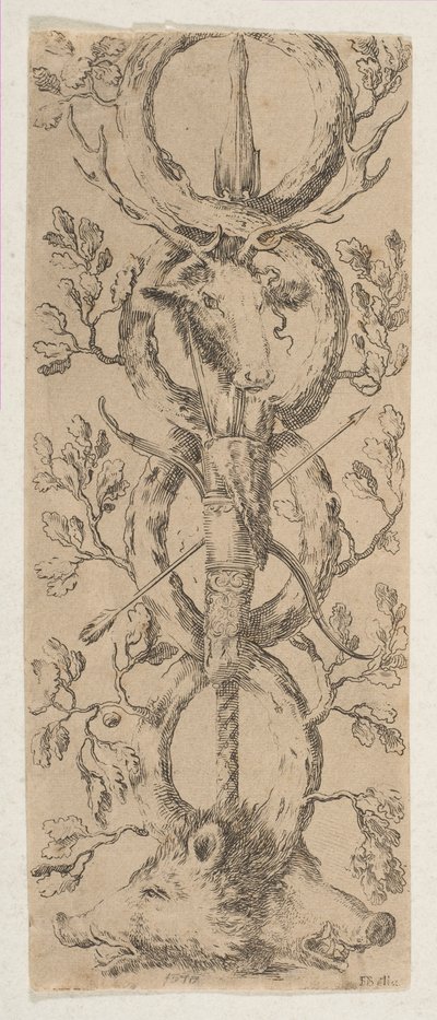 Egy szarvas és két vaddisznó fejei Rinceaux of Oak Branches-ban, kb. 1653. alkotó: Stefano della Bella