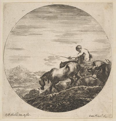 Pásztor lóháton hajtja az állatokat, hat állatból Hat sujets danimaux, kb. 1646. alkotó: Stefano della Bella