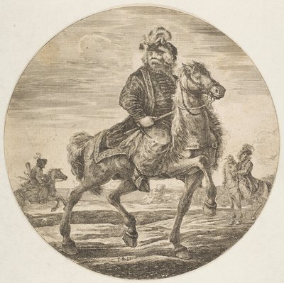 Magyar lovas lovaglás jobbra, háttérben más lovasok, cirkó..., kb. 1651. alkotó: Stefano della Bella