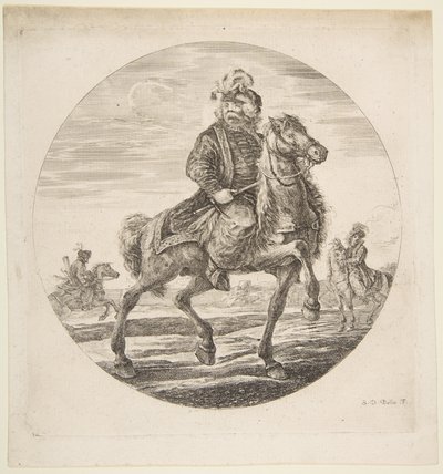 Magyar lovas lovaglás jobbra, háttérben más lovasok, cirkó..., kb. 1651. alkotó: Stefano della Bella