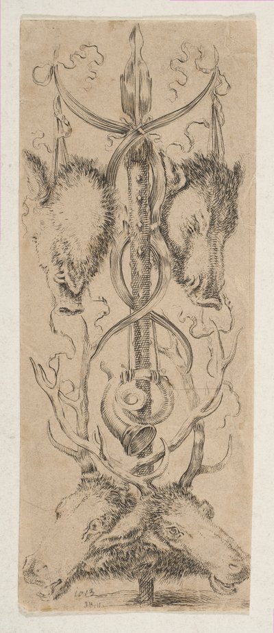 Vadásztrófea szarvasfejekkel alul, kb. 1653. alkotó: Stefano della Bella