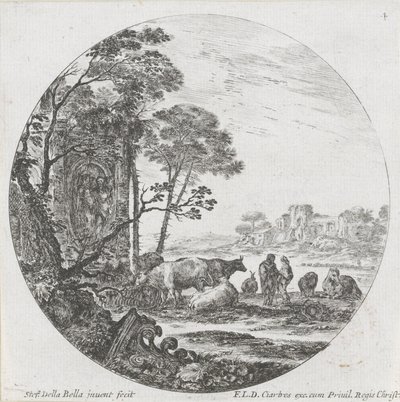 Táj csordával és korinthoszi tőkével Tájak és romok Rómában (sorozat címe) Paysages et ruines de Rome (sorozat címe) alkotó: Stefano della Bella