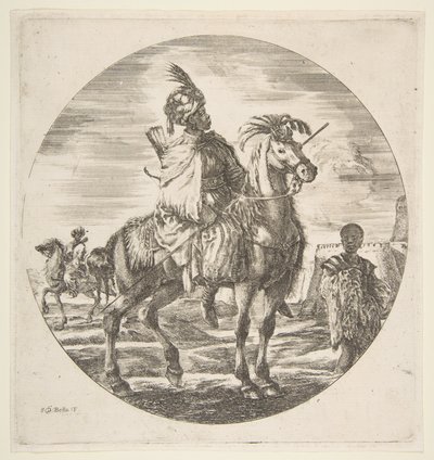 Mór lovas profilban jobbra, egy fekete rabszolga szőrmével jobbra, egy másik..., kb. 1651. alkotó: Stefano della Bella